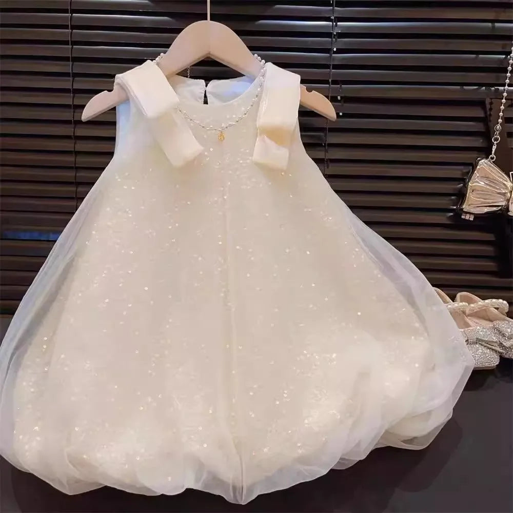 Plain Girls Clothes Summer Sleeveless Mesh Sparkling Princess Dresses Korean Version Birthday Wear Party Wedding