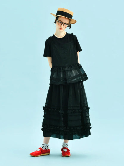 2025 New Black Tiered Skirt Cascading Ruffles Summer Urban Chic Women's Daily skirt 255055