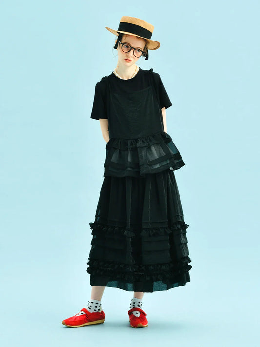2025 New Black Tiered Skirt Cascading Ruffles Summer Urban Chic Women's Daily skirt 255055