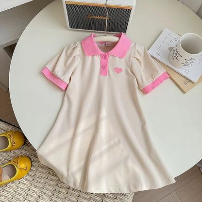 Girls Cotton Lapel Collar Dress Cute Solid Color  Pink  A-line Dress Kids Casual Skin-friendly Daily  Dress
