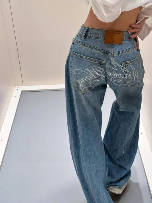 Gradient Spring 2025 Blue Jeans for Women's Y2K Retro Jeans, niche, high-end, classic letter hot stamping