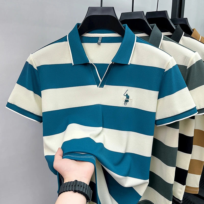 High End Embroidered Polo Shirt for Men, 2026 New Summer Striped Men's Short Sleeved T-shirt, Pure Cotton Lapel Half Sleeved Top