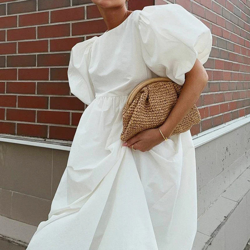 2026 Women Summer Puff Sleeve Bohemain White Long Dress High Waist Loose Style Cotton Boho Maxi Dress Vestidos Clothes
