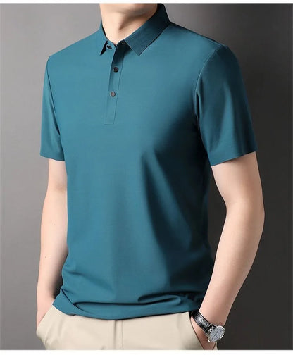 High quality wrinkle resistant ice silk short sleeve t-shirt men's summer Lapel loose casual solid color top high-end polo men