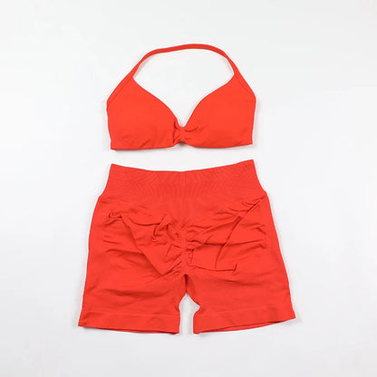 Scrunch Seamless Yoga Set Women Sportswear Ribbed Gym Shorts Strappy Sports Bra 2 Piece Set Halter Workout Clothes Fitness Suit