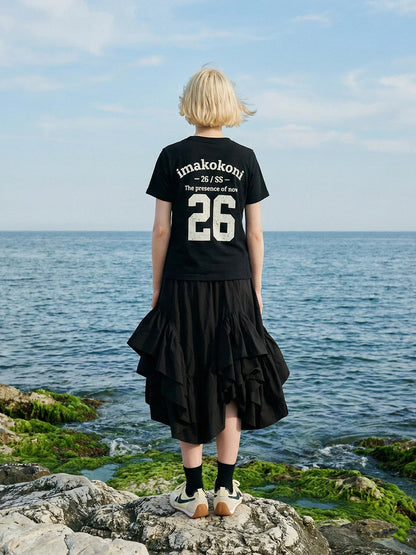 2026 Spring Forest High Waist Irregular Ruffle Edge Medium Long Dress Black Half Skirt Female 265401