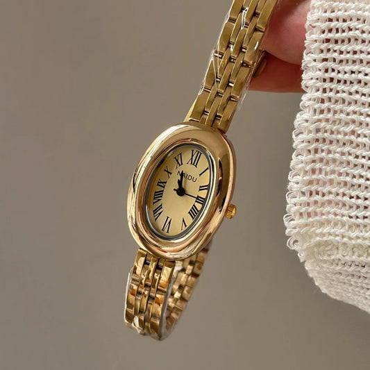 Hot Sale Fashion Watch for Women Mid Ancient Style Oval Dial Small Gold Watch Adjustable Steel Strap Quartz Wristwatch Wholesale
