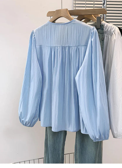 2026 V-neck Long Sleeved Plus Size Shirt Loose Pleated Ruffle Oversized Tops Ladies Chic Elegant Solid Versatile Blouse