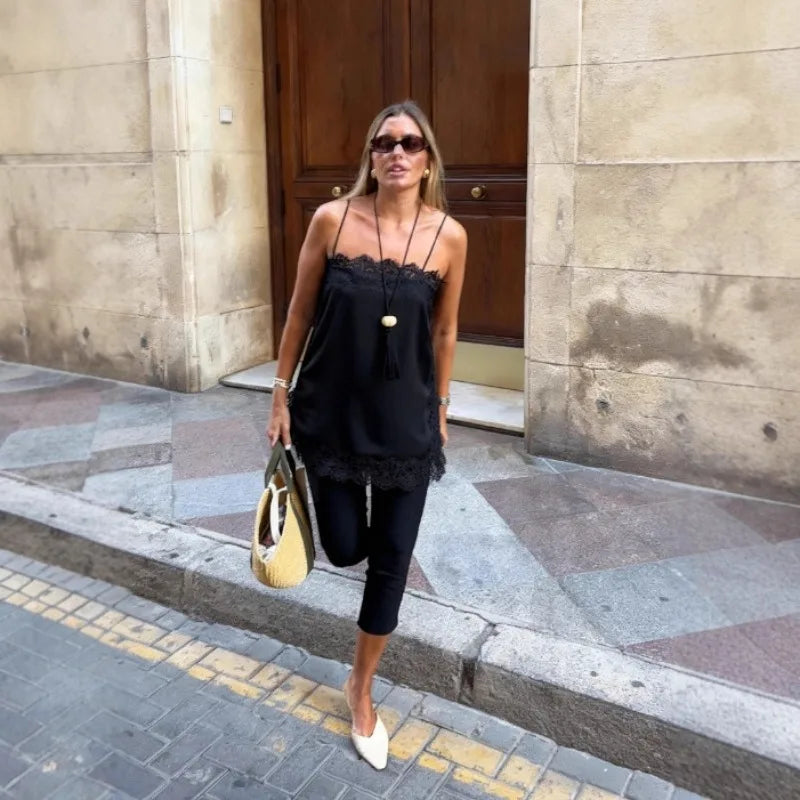 New Summer Fashion Women's Tank Top Elegant Satin Cami with Lace Trim Sexy Women's Spaghetti Strap Blouse Y2k Clothing