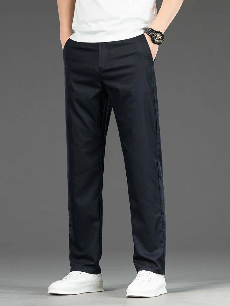 Spring Summer New Men's Casual Pants Thin Mulberry Silk Soft Business Casual Trousers Slim Straight Elastic Suit Pants Male