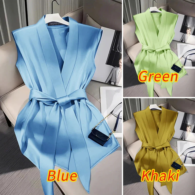 Women Shiny Satin Blouses Elegant Wrapped V-Neck Sleeveless Tops 2025 Summer Office Commuting Belted Party Blusas Mujer