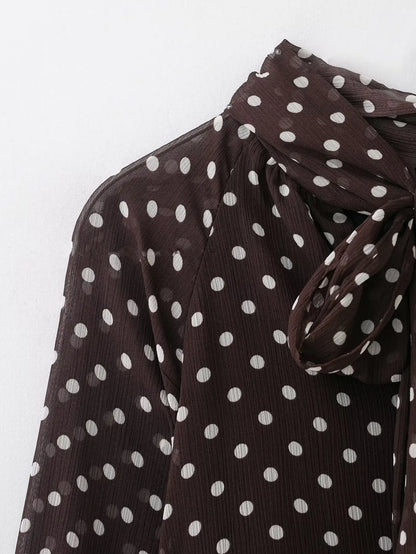 New Women Bow Collar Blouse Vintage Polka Dot Printed Loose Tops Fashion Elegant Spring Long Sleeve Commuting Shirts