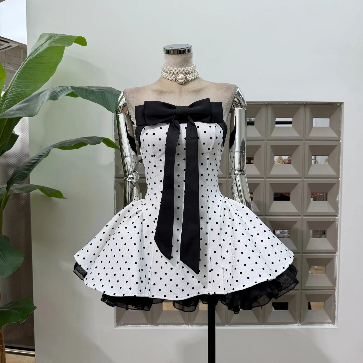 Women Strapless Backless Polka Dot Bow A Line Dress Party Birthday Evening Ball Gowns Nightclub Show Wear Fashion Vestido