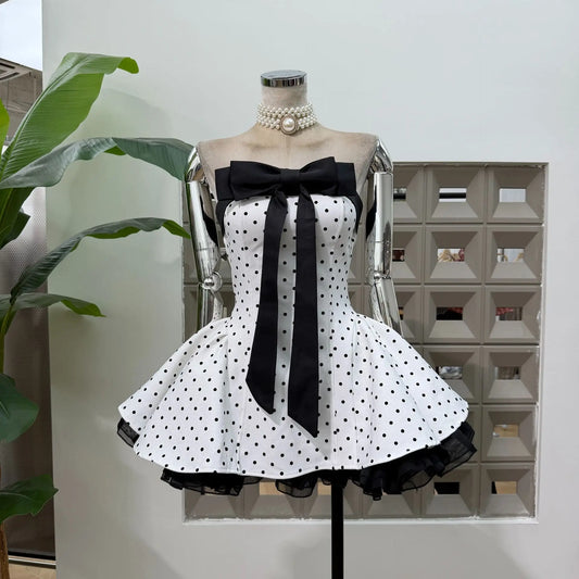 Women Strapless Backless Polka Dot Bow A Line Dress Party Birthday Evening Ball Gowns Nightclub Show Wear Fashion Vestido