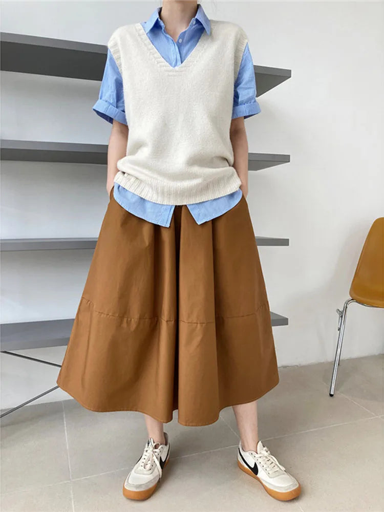 2024 Spring Autumn High-waisted Fluffy A-line Vintage Skirt Elastic Waist Large Swing Umbrella Skirt Retro Clothes