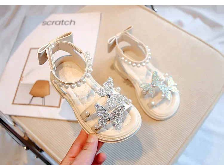 Kids Roman Sandals 2024 New Girls'  Princess Shoes with Butterfly Girl Fashion Sweet Pearl Beach Shoes with Back Knot Anti Slip