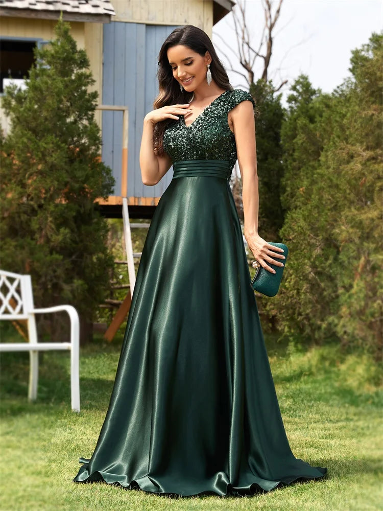 Elegant V-Neck Green Pleats Sequins Evening Dresses Long Luxury Women Satin Sleeveless Wedding Party Cocktail Gowns