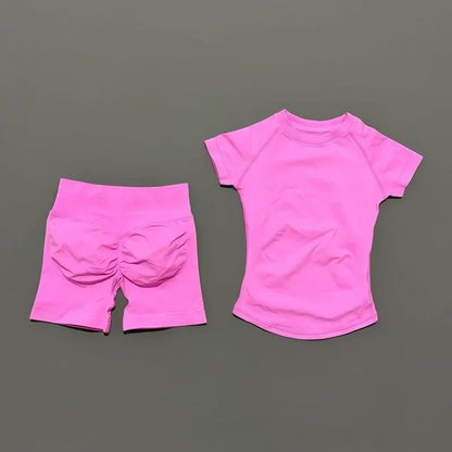 2 Piece Gym Sets Women Seamless Short Sleeve Top Butt Lifting Shorts Workout Fitness Running Sports Yoga Tracksuit