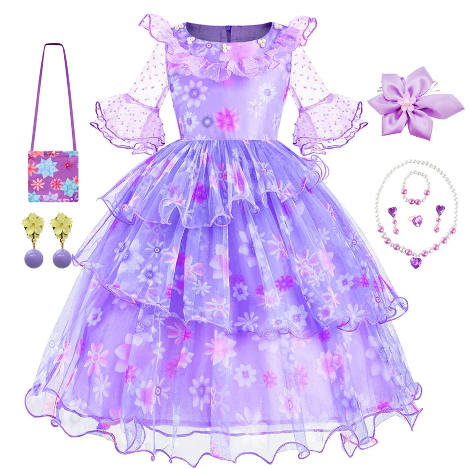 Encanto Isabela Costume Dress For Kids Girl Flare Sleeve Princess Dress Fiower Gown Halloween Christmas Birthday Party Outfits