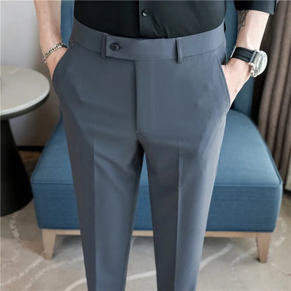 Stretch Solid Color Men's Trousers, Suitable for Business Casual, Parties, Formal Events, and Ankle-length Slim Pants.28-40
