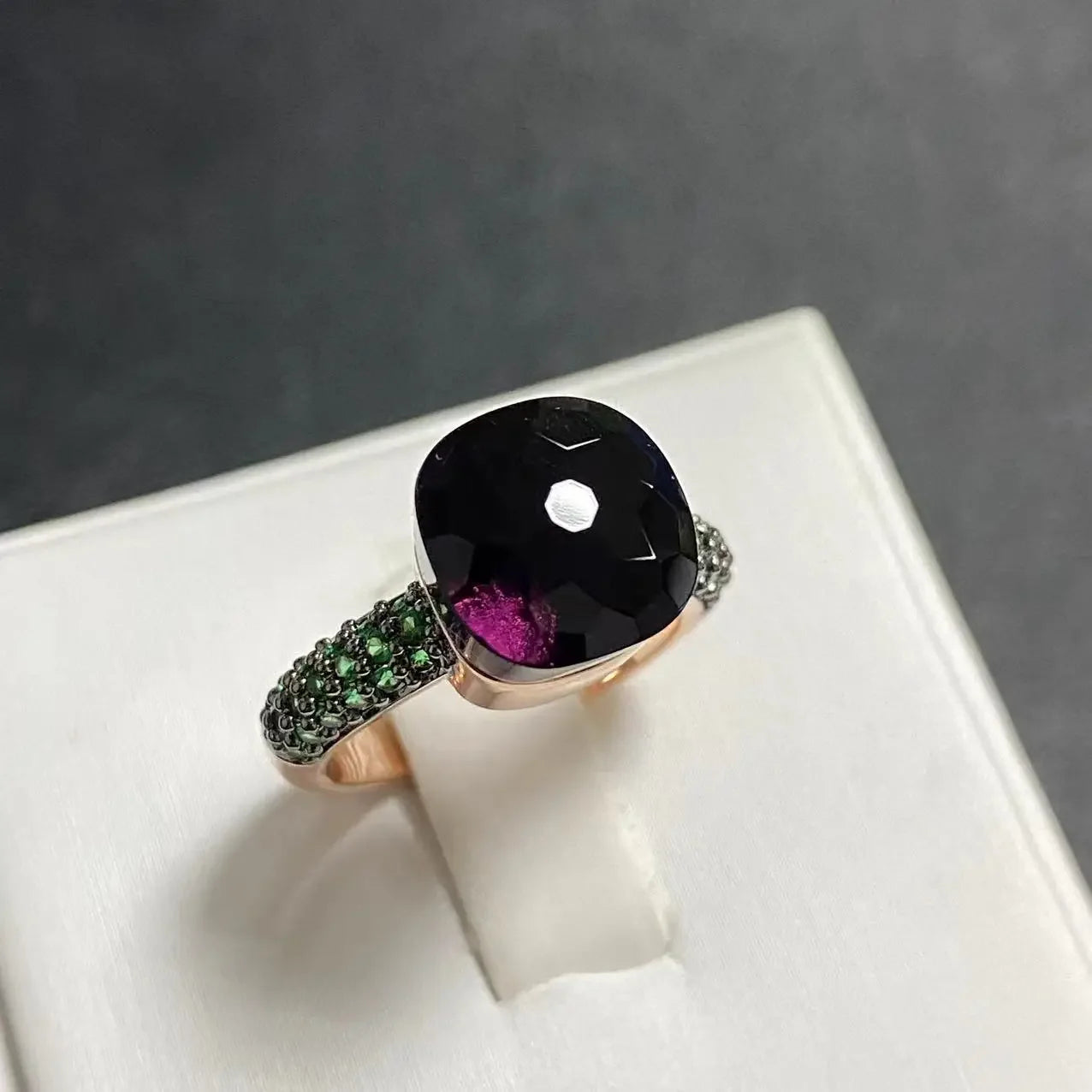 Emerald Ring for Women Green Zircon Inlay Rose Gold & Black Gun Plated 30 Colors Candy Crystal Style Jewelry Birthday Gift