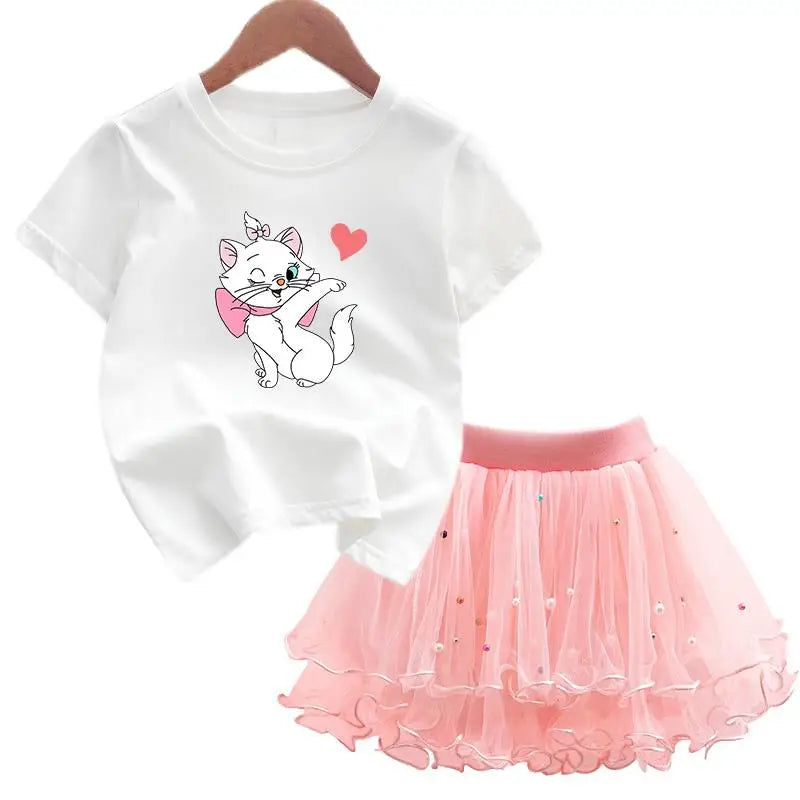 The Aristocats Marie Cat 2Pcs/Set Girl Dress Kid Birthday Clothes Party Princess Dress T-shirt+Tutu Skirt Summer Christmas Gift
