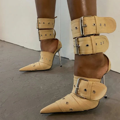 Denim Metal Rivet Buckle Silver Sandals Women's Sexy Punk Style Pointed Metal Hollow 12cm High Heels Size 34-43 Womens Shoes