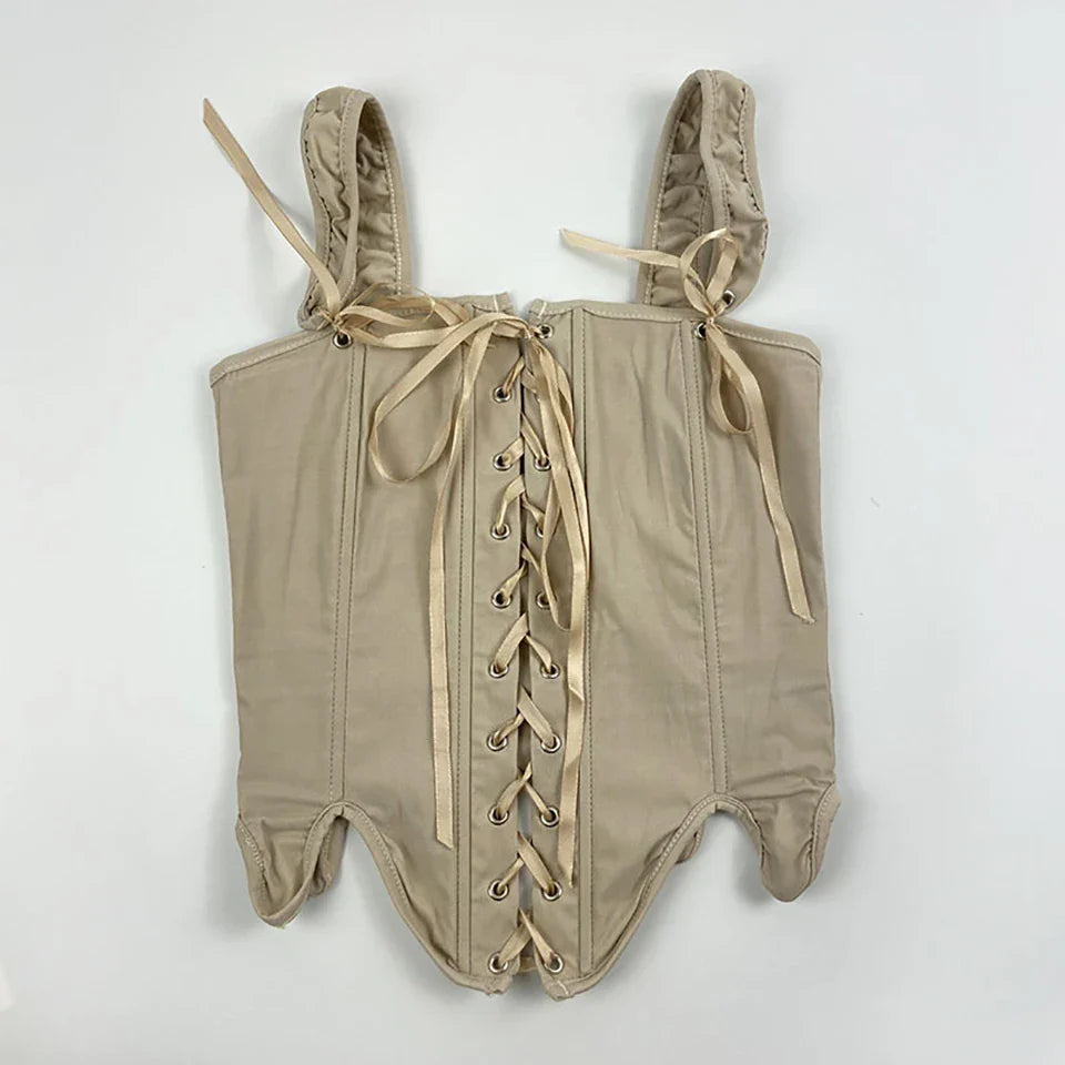 Women's Retro Lace-up Corset Crop Top Sleeveless Spaghetti Straps Bustiers Corsets Medieval Slim Tight Cami Tops Club Outwear