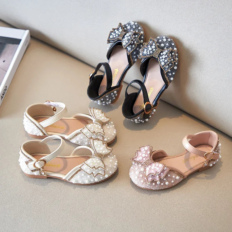 New Girl Sandals Cute Bow Pearl Sequins Kid Princess Shoes Flat Heels children Dancing Size 23-35