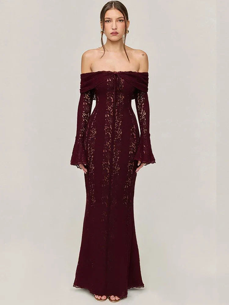 White Maxi Wedding Guest Dress Women 2025 Elegant Off The Shoulder evening party dresses red lace flare sleeve dress