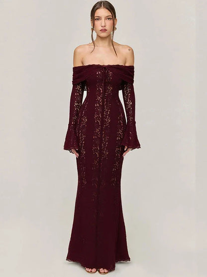 White Maxi Wedding Guest Dress Women 2025 Elegant Off The Shoulder evening party dresses red lace flare sleeve dress