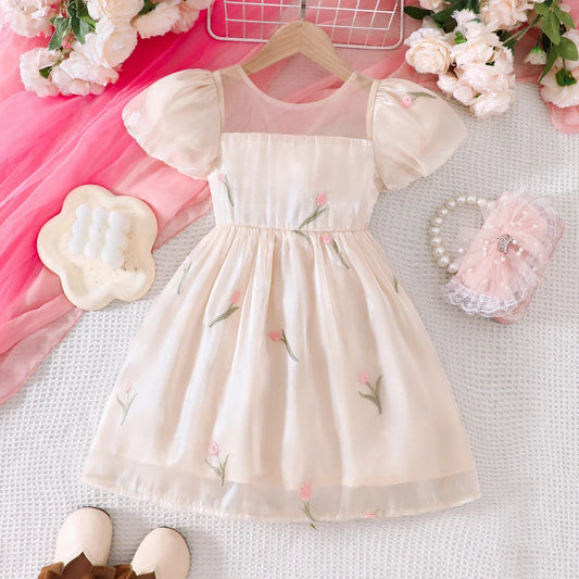 Vestido Saia Princesa Bordada com Flores de Malha e Manga Bufante de Verão para Meninas