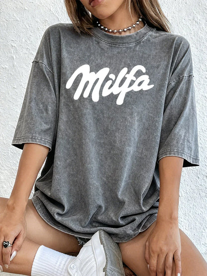 Milfa Purple Art Letter Printing Washed T-Shirts Womens Cotton Short Sleeve Tops Street O-Neck Oversize T Shirt Summer Clothes