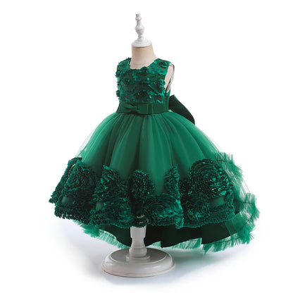 Summer Flower Party Girls Dress Christmas Costume Tulle Trailing Bridesmaid Princess Kids Dresses for Girl Wedding Birthday Gown