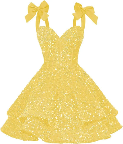 Sparkly Sequin Bows Homecoming Dresses 2026 Short Spaghetti Straps Tiered Satin Sweet Prom Cocktail Dress Graduation Dress