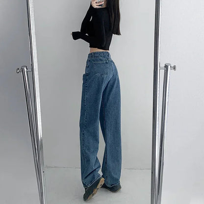 Wide Leg Pants Mom Femme Black Blue Jeans High Waist Woman Trousers