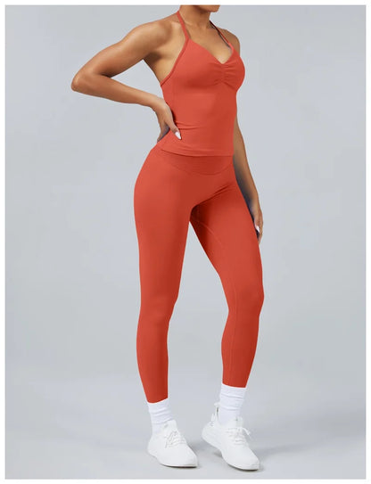 2Piece Sports Gym Set Women Longline Strappy Top Fitness Clothes Seamless Yoga Set Running Workout Sports Leggings Sets