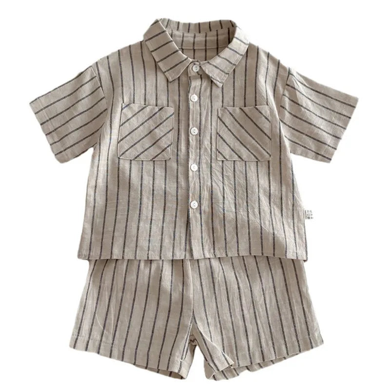 New Summer Korean Style Baby Boys Striped Outfits Cotton Linen Shirts Shorts 2pcs Children Casual Loose Sets