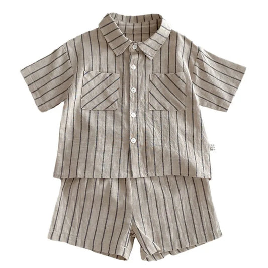 New Summer Korean Style Baby Boys Striped Outfits Cotton Linen Shirts Shorts 2pcs Children Casual Loose Sets