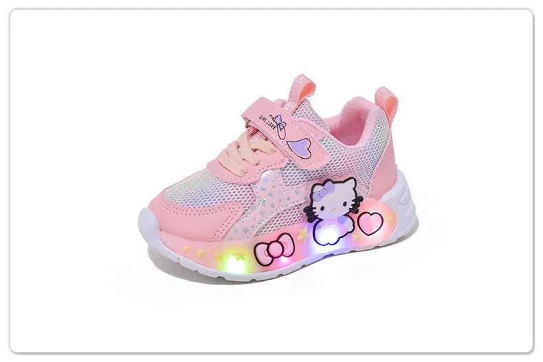 Kids'Casual Shoes Girls Led Light Cartoon PU Leather Fashion Sport Flat Bottom Shoes Breathable White Pink Size 21-30