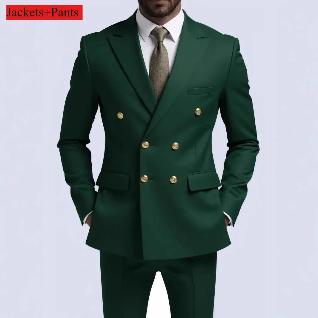 Navy Blue Double Breasted Men's Tuxedo with Gold Buttons High Quality Business Suit for Wedding Groom Party Prom