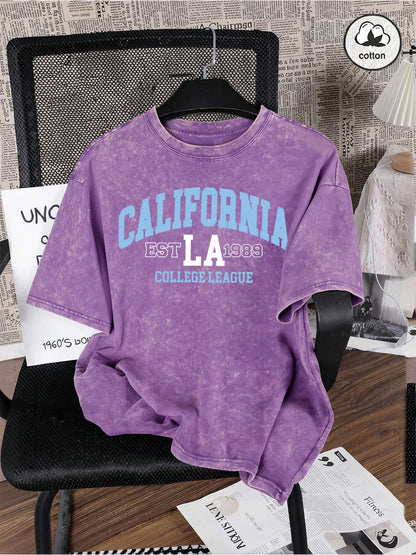 California College 1989 Printing Washed T-Shirts Mens Oversized Cotton T Shirts Summer O-Neck Short Sleeve Tops Casual Male Tees
