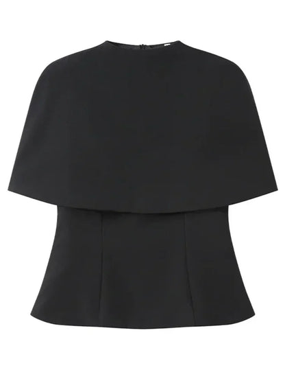 Elegant Black Turtleneck Cloak Tops Women Solid Short Sleeve Waist Cinching A-line Short Top 2026 Lady Spring Street Outwear