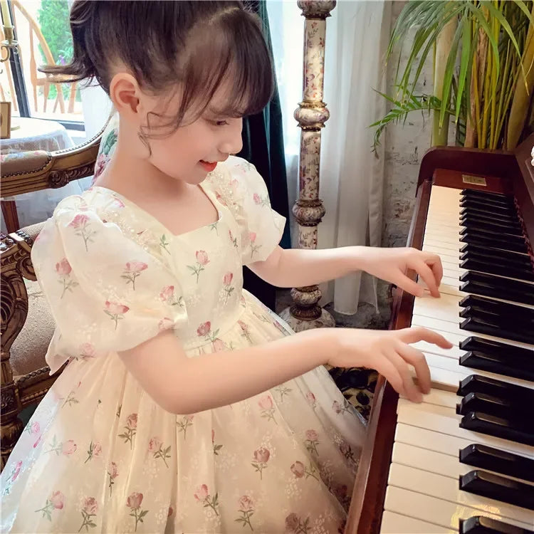 New Summer Princess Girls Dress Full Print Roses Flowers Pearl Inlay Decoration Puff Sleeve Bow Mesh Tutu Party Dresse For Kids