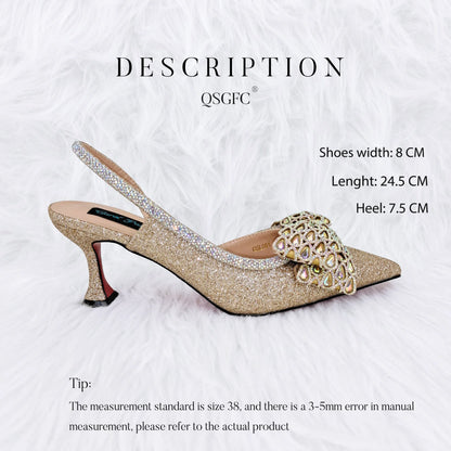 Butterfly-knot Princess Style! Nigerian Ladies Rhinestone-Encrusted Bag & Wear-Resistant and Comfortable Pointed-Toe High Heel