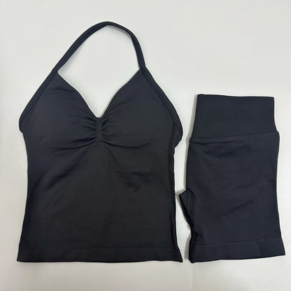 Yoga Set Women Padded Halter Tank Top Scrunch Butt Lifting Gym Shorts Set Summer Sportswear Workout Clothes