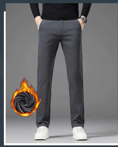 Winter Thickened Men's Velvet Casual Pants Fleece Warm Fashion Solid Color Straight Elastic Male Business Plush Pants