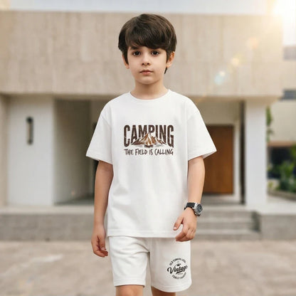 Boys 2PCS Cotton Outfit Set Mountain Print Short Sleeve Tee + Elastic Waist Shorts Camping Summer Set LH21