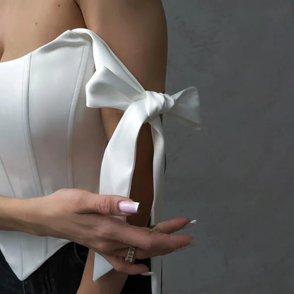 Bandage White Corset Top Women Elegant Black Satin Bustier Fishbone Zip Sexy Sleeveless Streetwear Fashion Summer Blue Clothes