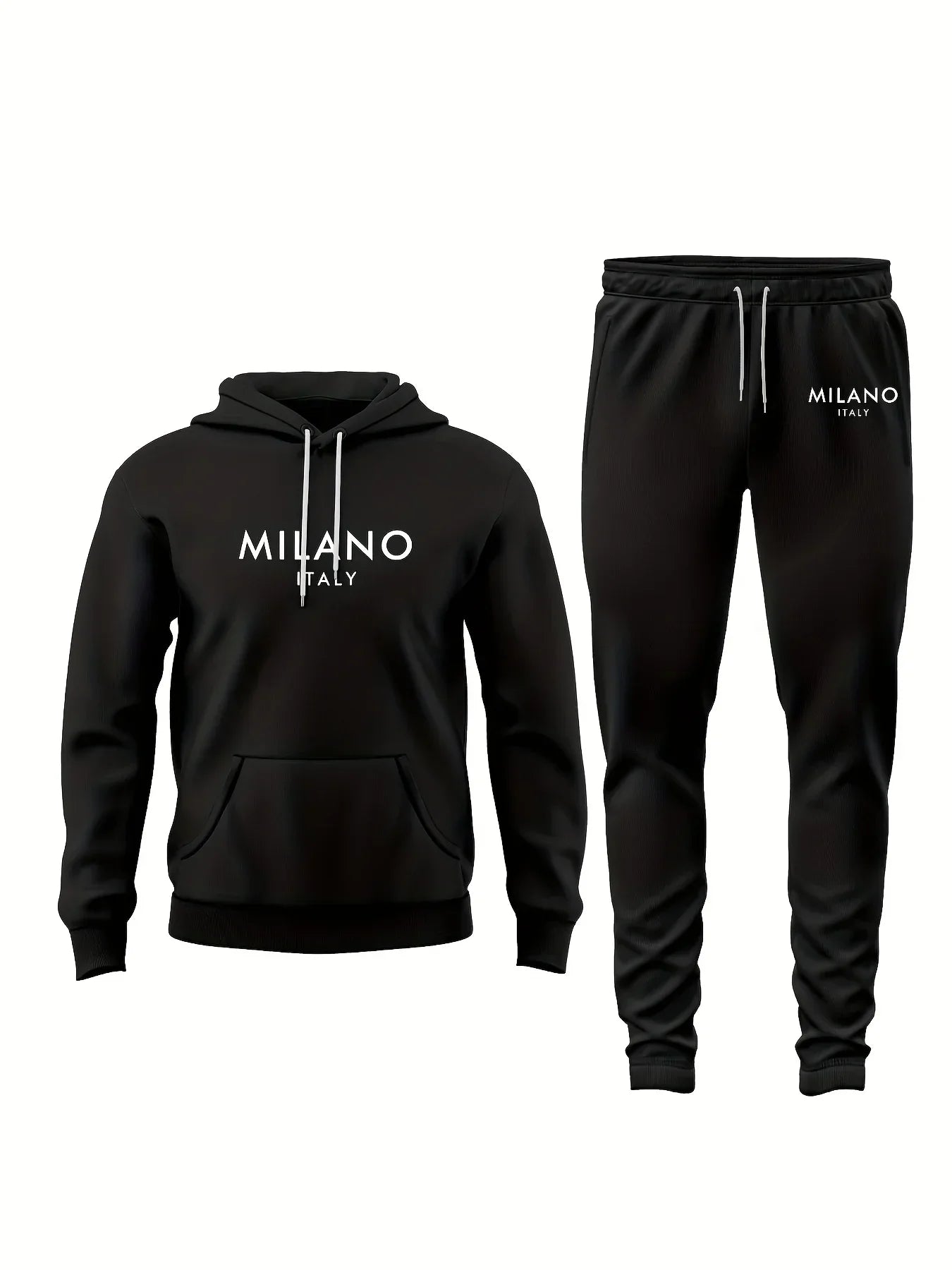 Men's Autumn/Winter Casual Warm MILANO ITALY Letter Printed Loose Thick Velvet Sports Hoodie+Sweatpants Set